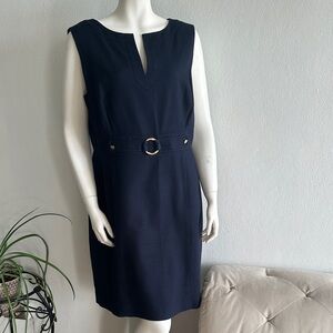 Tahari Arthur Levine Navy Blue Sleeveless sheath dress w/ a golden belt buckle